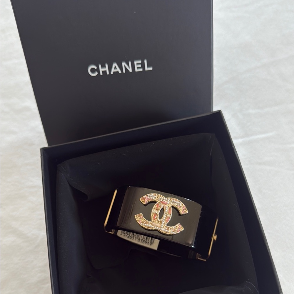 CHANEL Black Cuff with Gold Logo